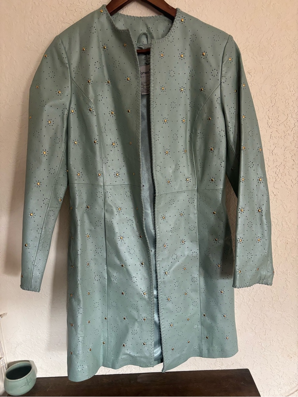 Pamela McCoy Leather Sage Green Gold Stud Embellished Long Coat